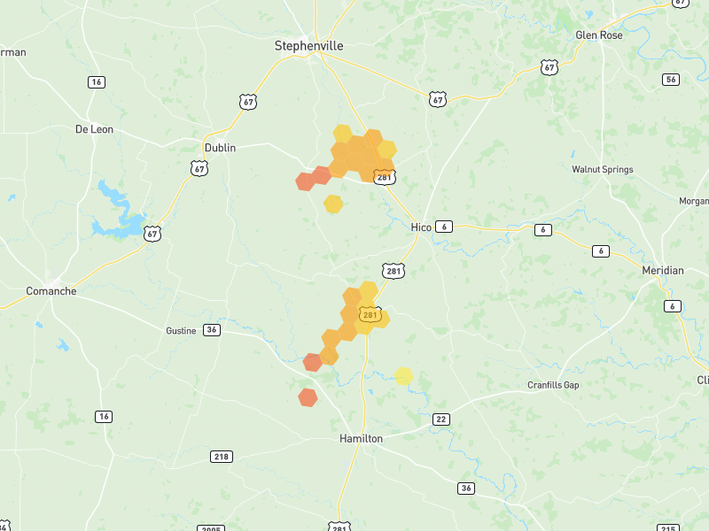 Hail map of Hico, TX on Jun 6, 2026, hail up to 1.75"