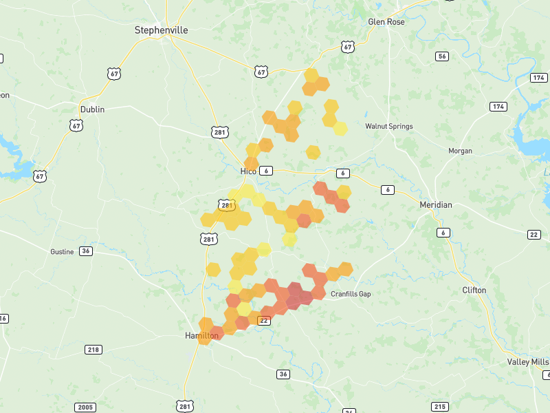 Hail map of Hico, TX on Jun 7, 2026, hail up to 2.5"