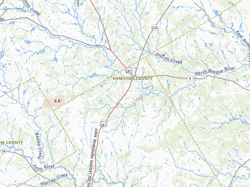 Radar-estimated hail-size map of the storm over Hico, TX on Jun 14, 2026