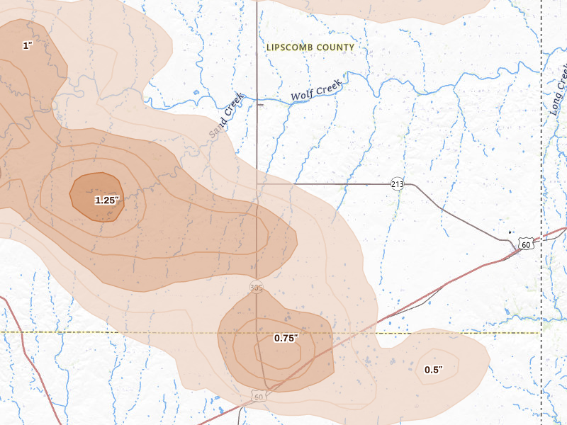 Radar-estimated hail-size map of the storm over Higgins, TX on Jun 25, 2026