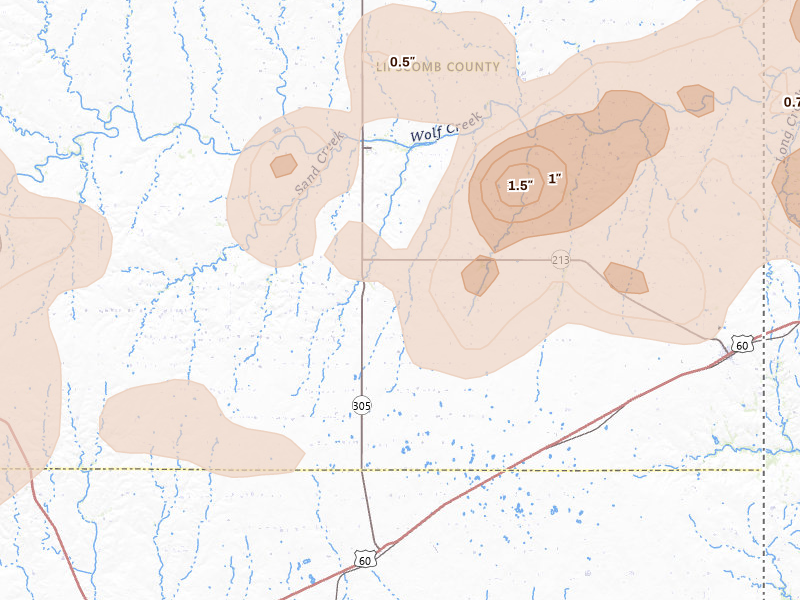 Radar-estimated hail-size map of the storm over Higgins, TX on Jul 4, 2026