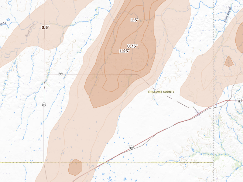 Radar-estimated hail-size map of the storm over Higgins, TX