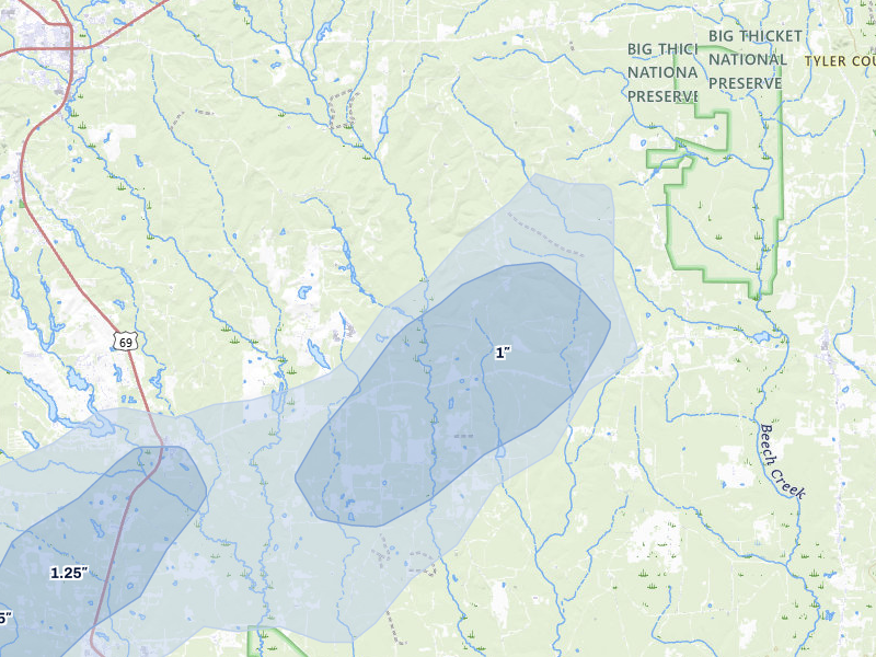 NEXRAD radar-signature map of the hail over Hillister, TX
