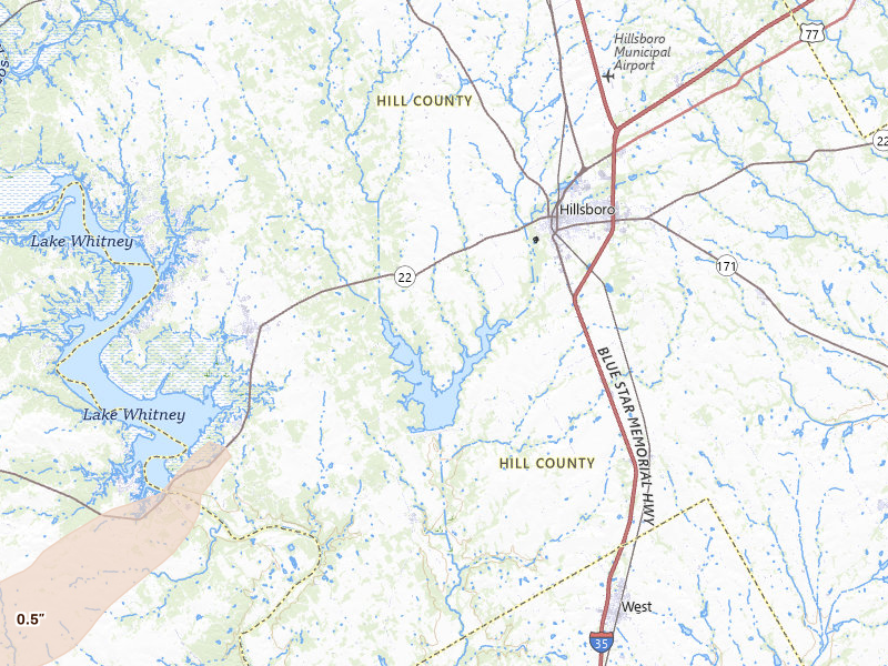 Radar-estimated hail-size map of the storm over Hillsboro, TX on Jan 9, 2026