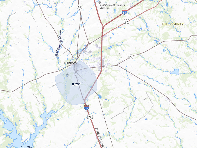 NEXRAD radar-signature map of the hail storm over Hillsboro, TX on Jan 9, 2026