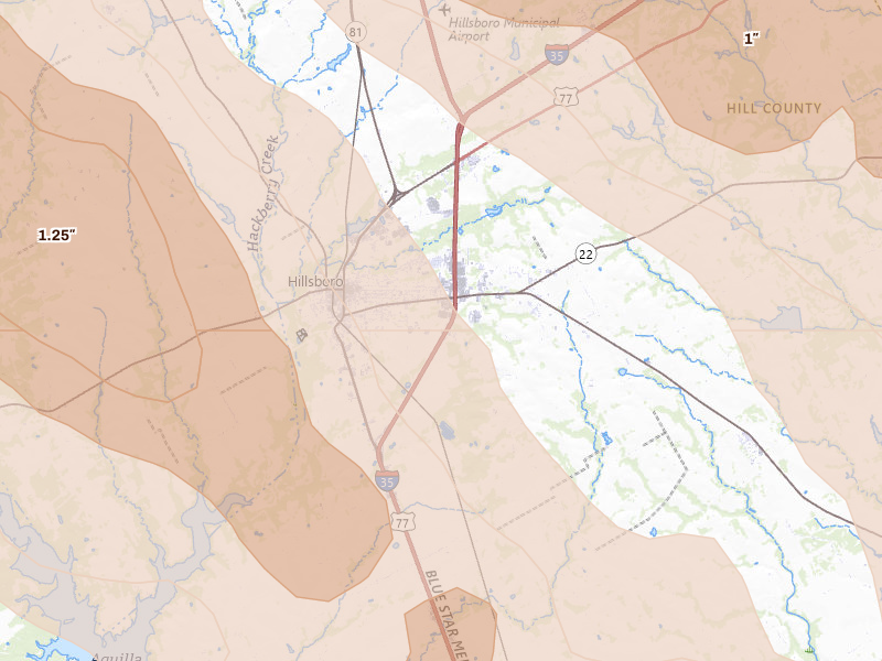 Radar-estimated hail-size map of the storm over Hillsboro, TX on Apr 28, 2026