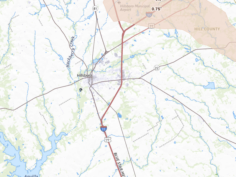 Radar-estimated hail-size map of the storm over Hillsboro, TX on Apr 29, 2026