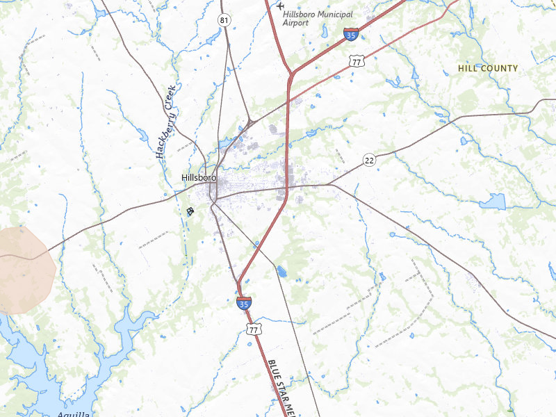 Radar-estimated hail-size map of the storm over Hillsboro, TX on May 22, 2026