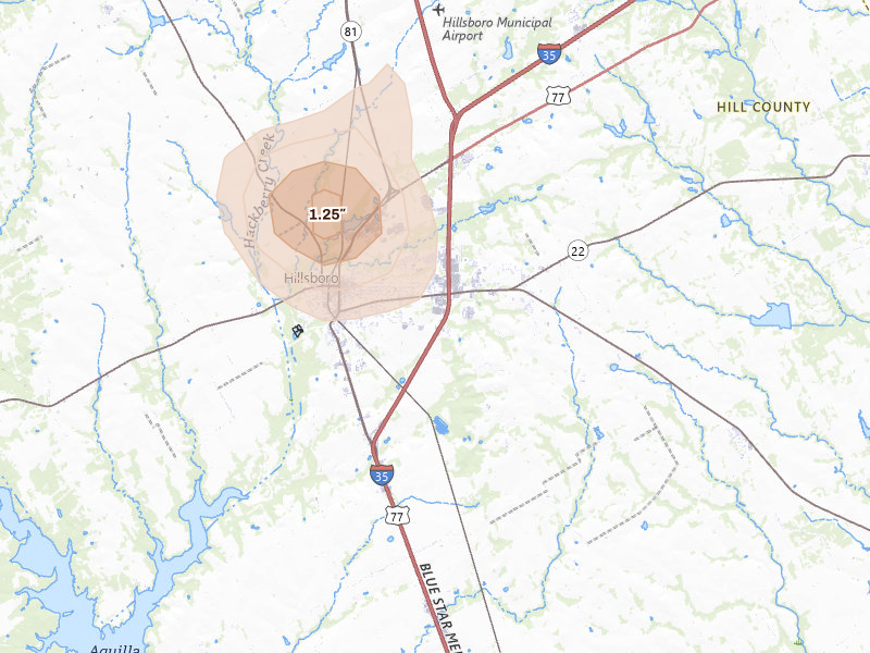 Radar-estimated hail-size map of the storm over Hillsboro, TX on Jul 7, 2026