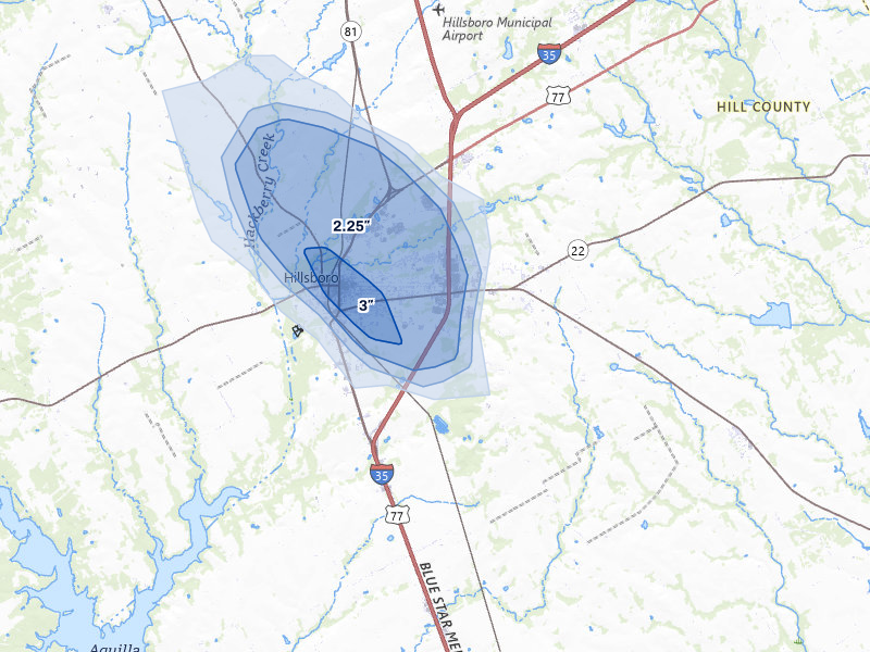 NEXRAD radar-signature map of the hail storm over Hillsboro, TX on Jul 7, 2026