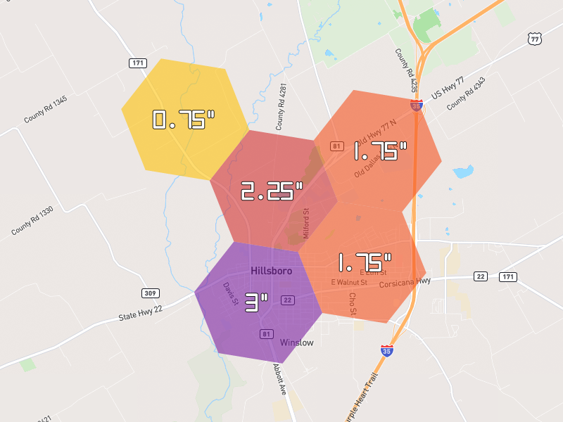 Hail map of Hillsboro, TX on Jul 7, 2026, hail up to 3"