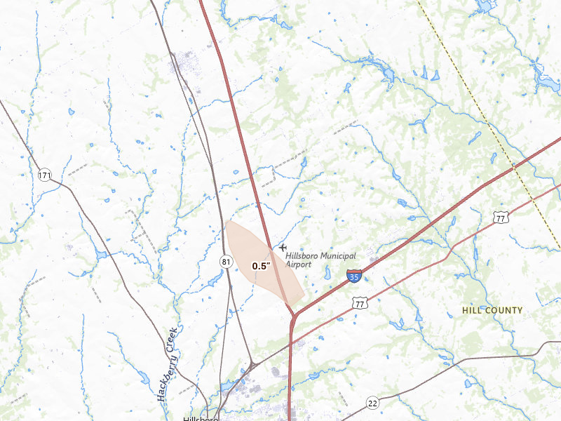 Radar-estimated hail-size map of the storm over Hillsboro, TX on Aug 26, 2026