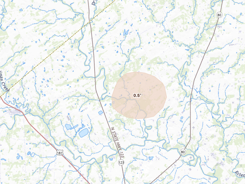 Radar-estimated hail-size map of the storm over Hobson, TX on Jun 2, 2026