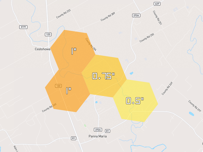 Hail map of Hobson, TX on Jun 3, 2026, hail up to 1"