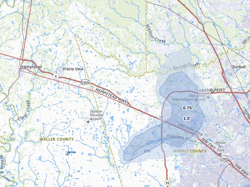 NEXRAD radar-signature map of the hail storm over Hockley, TX on Jul 6, 2026