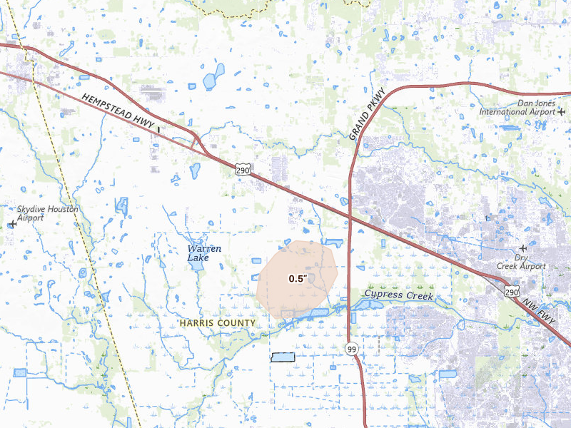 Radar-estimated hail-size map of the storm over Hockley, TX on Aug 7, 2026