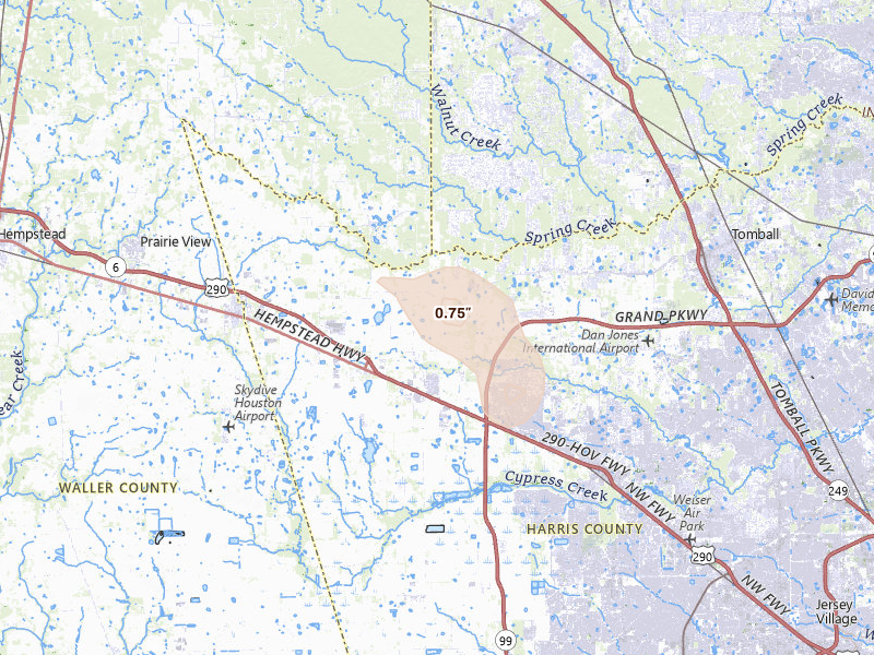 Radar-estimated hail-size map of the storm over Hockley, TX on Aug 9, 2026