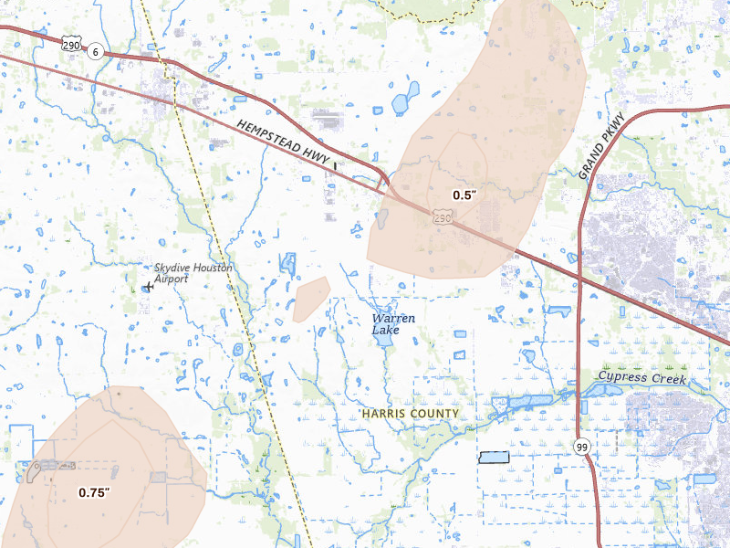 Radar-estimated hail-size map of the storm over Hockley, TX on Aug 28, 2026