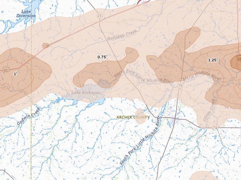 Radar-estimated hail-size map of the storm over Holliday, TX on Apr 28, 2026