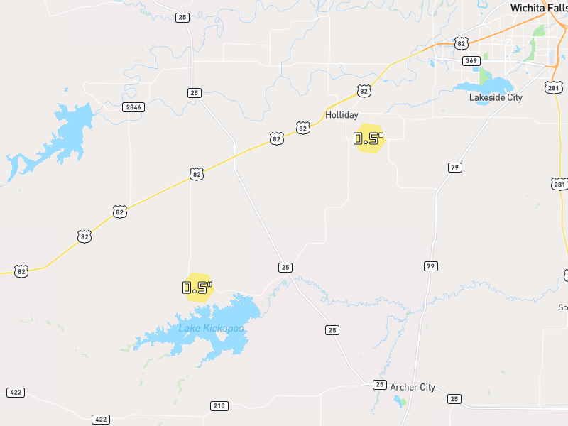 Hail map of Holliday, TX on Jun 7, 2026, hail up to 0.5"