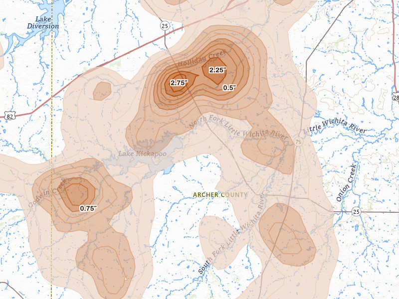 Radar-estimated hail-size map of the storm over Holliday, TX on Jul 5, 2026