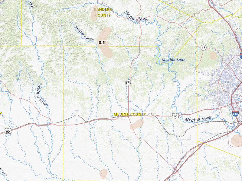 Radar-estimated hail-size map of the storm over Hondo, TX on Aug 27, 2026