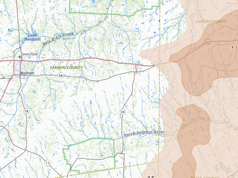 Radar-estimated hail-size map of the storm over Honey Grove, TX on Apr 24, 2026
