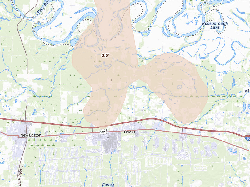 Radar-estimated hail-size map of the storm over Hooks, TX on Jun 19, 2026