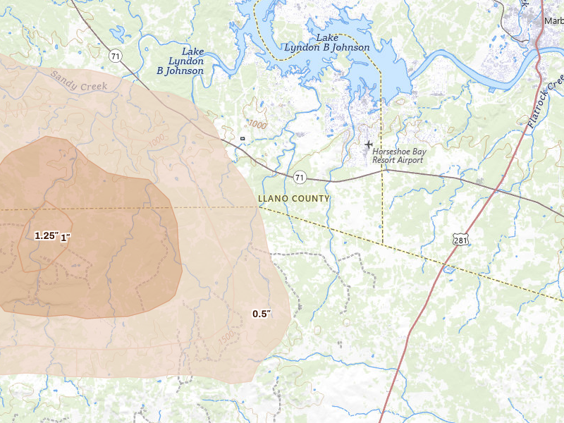 Radar-estimated hail-size map of the storm over Horseshoe Bay, TX on Apr 30, 2026
