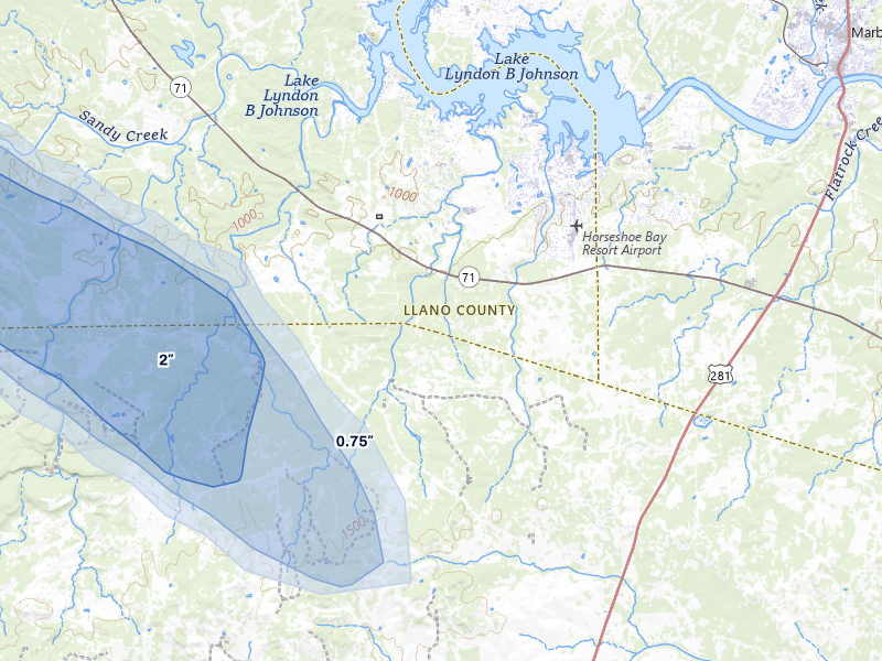 NEXRAD radar-signature map of the hail over Horseshoe Bay, TX