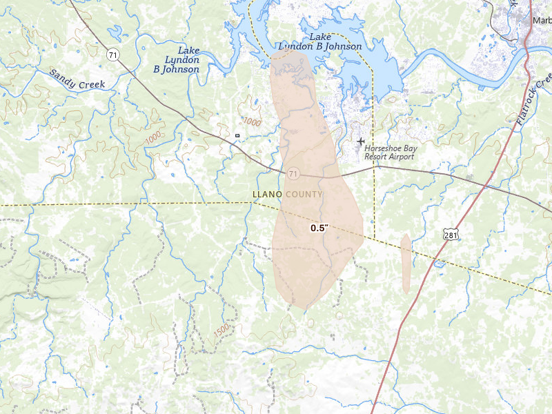 Radar-estimated hail-size map of the storm over Horseshoe Bay, TX on May 26, 2026