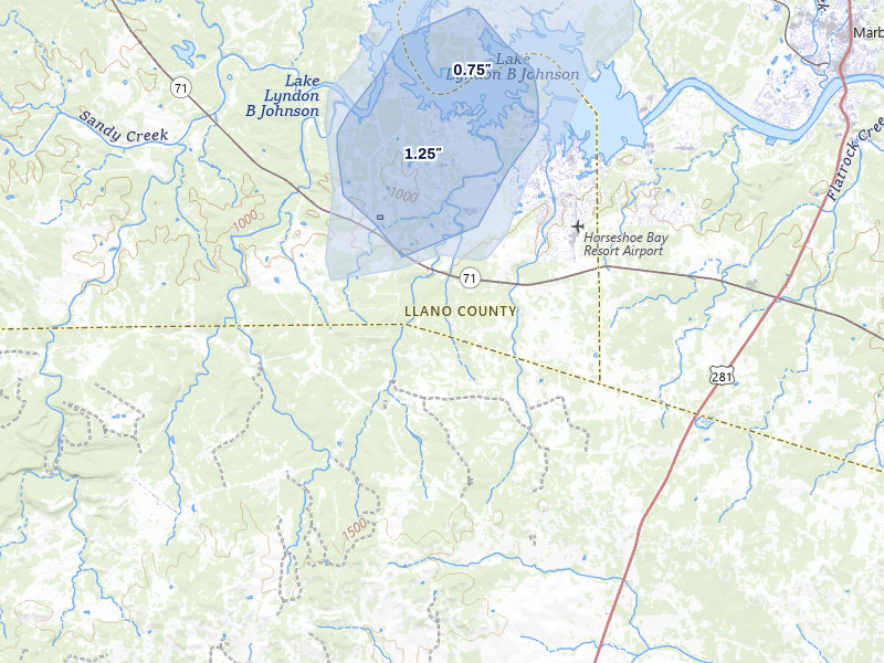NEXRAD radar-signature map of the hail over Horseshoe Bay, TX