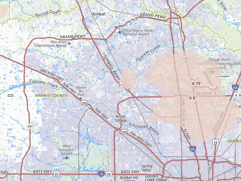 Radar-estimated hail-size map of the storm over Houston, TX on Mar 7, 2026