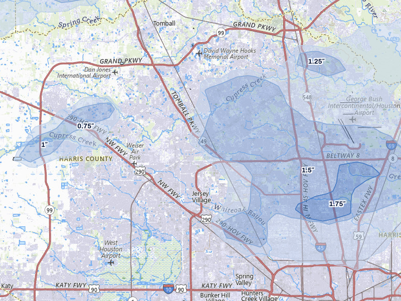 NEXRAD radar-signature map of the hail storm over Houston, TX on Mar 7, 2026