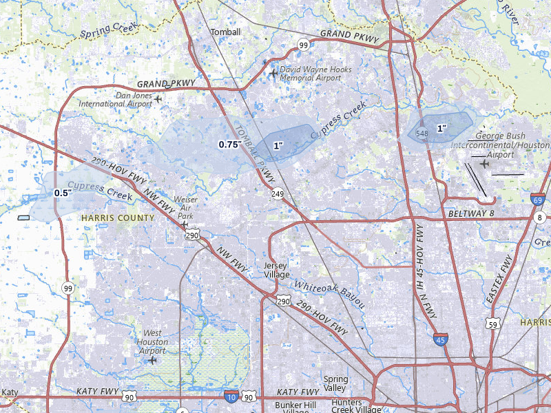 NEXRAD radar-signature map of the hail over Houston, TX