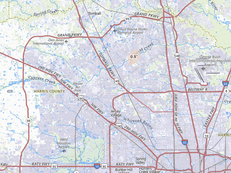Radar-estimated hail-size map of the storm over Houston, TX on May 22, 2026