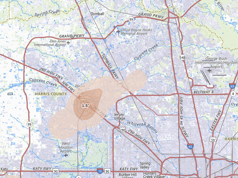 Radar-estimated hail-size map of the storm over Houston, TX on Jun 2, 2026