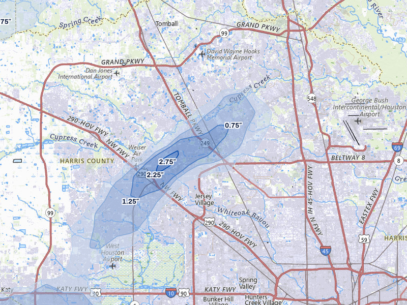 NEXRAD radar-signature map of the hail over Houston, TX