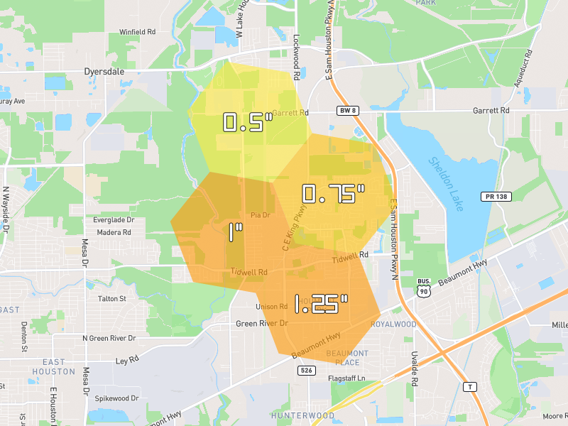 Hail map of Houston, TX on Jul 3, 2026, hail up to 1.25"