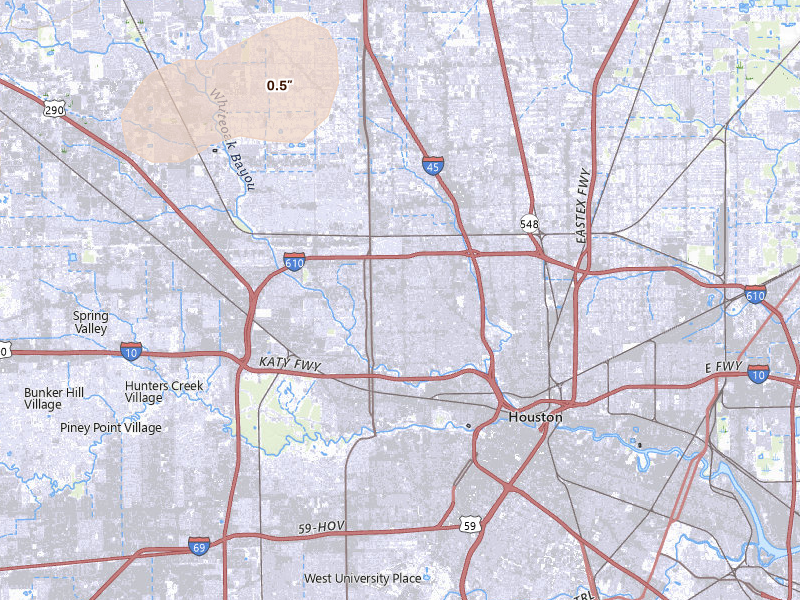Radar-estimated hail-size map of the storm over Houston, TX on Jul 5, 2026
