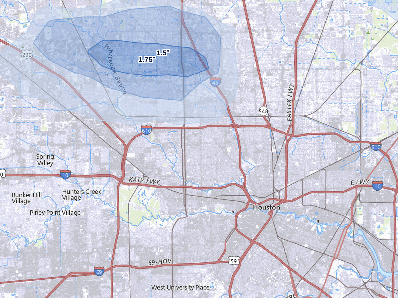 NEXRAD radar-signature map of the hail storm over Houston, TX on Jul 5, 2026