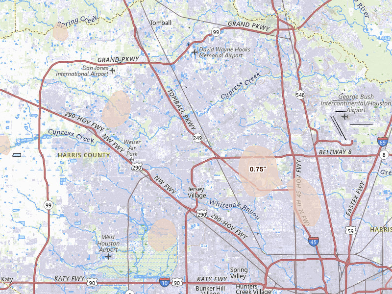 Radar-estimated hail-size map of the storm over Houston, TX on Jul 6, 2026