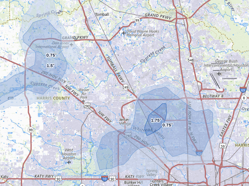 NEXRAD radar-signature map of the hail storm over Houston, TX on Jul 6, 2026