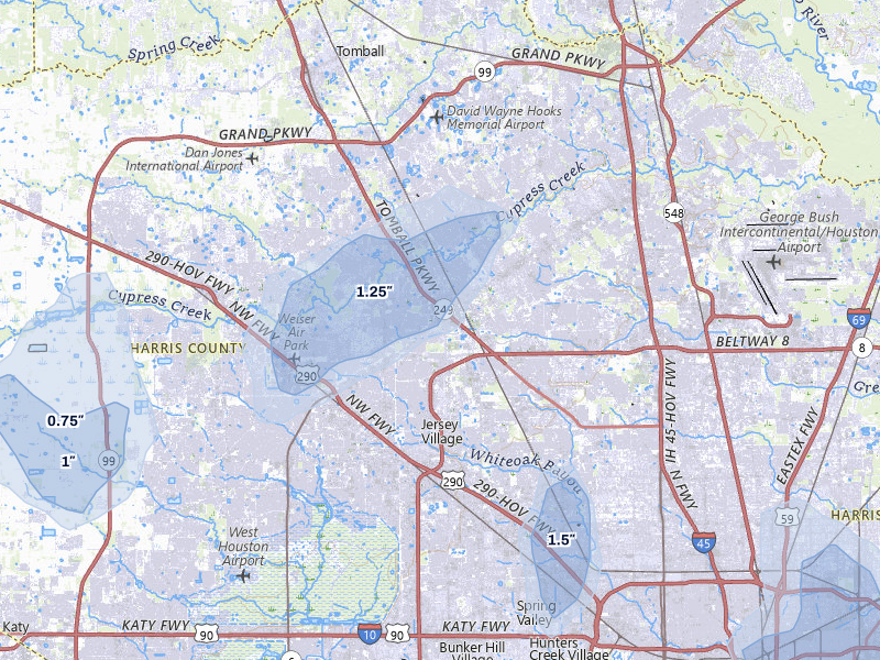 NEXRAD radar-signature map of the hail storm over Houston, TX on Jul 7, 2026