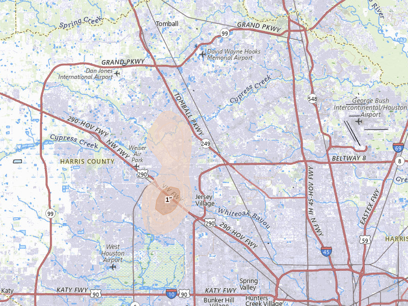 Radar-estimated hail-size map of the storm over Houston, TX on Jul 12, 2026