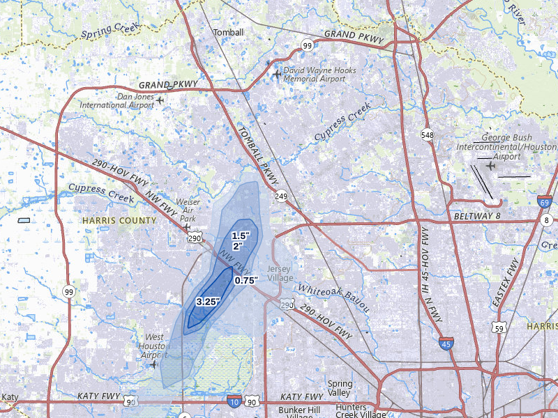 NEXRAD radar-signature map of the hail storm over Houston, TX on Jul 12, 2026