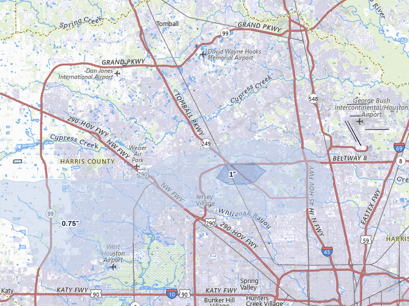 NEXRAD radar-signature map of the hail storm over Houston, TX on Jul 23, 2026