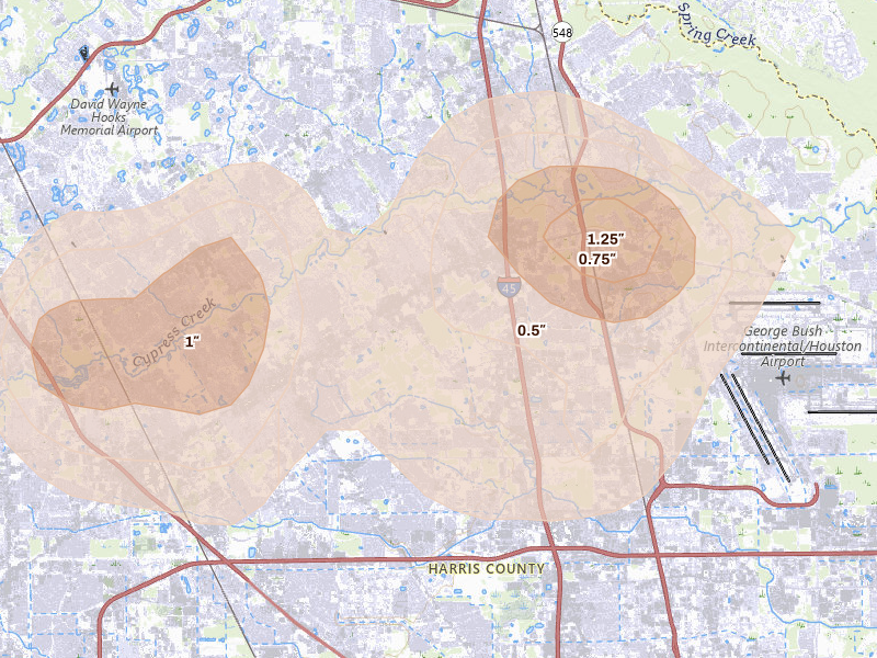 Radar-estimated hail-size map of the storm over Houston, TX on Aug 28, 2026
