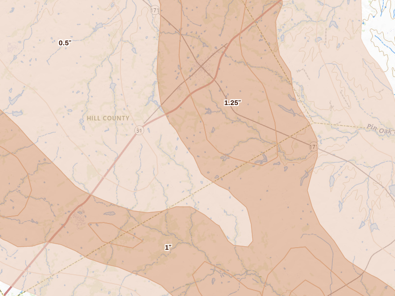 Radar-estimated hail-size map of the storm over Hubbard, TX on Apr 28, 2026