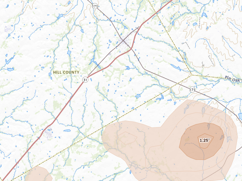 Radar-estimated hail-size map of the storm over Hubbard, TX on Jun 2, 2026